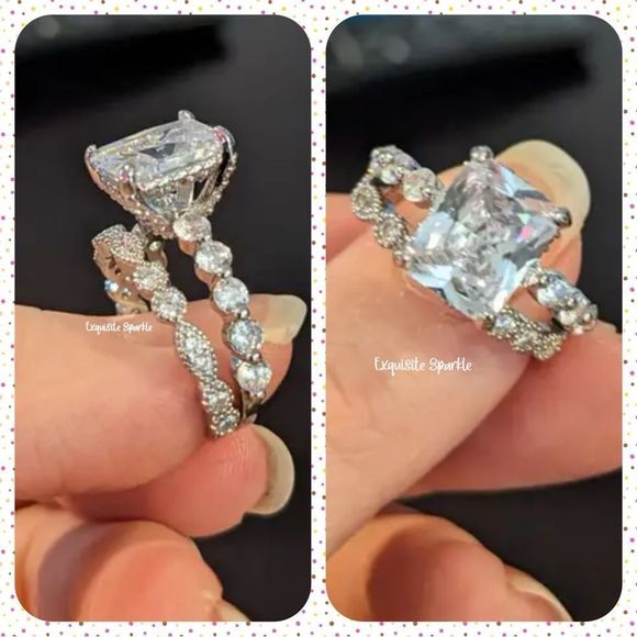 💍Stunning 18k White GP 2 Piece Radiant Cut Diamond Bridal Set - Picture 6 of 15